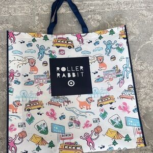 Roller Rabbit Kids White Tote with Multicolor Character Print and Navy Handles